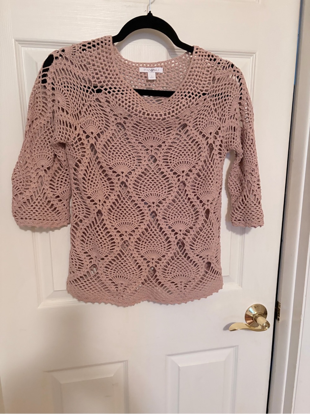 Roz & Ali Openwork Crochet Sweater in light brown